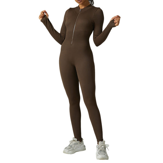 Seamless Yoga Jumpsuit with Zipper High Performance Workout Bodysuit for Women Long Sleeve Ribbed Yoga Apparel with Flattering Waistband and Compression Pants