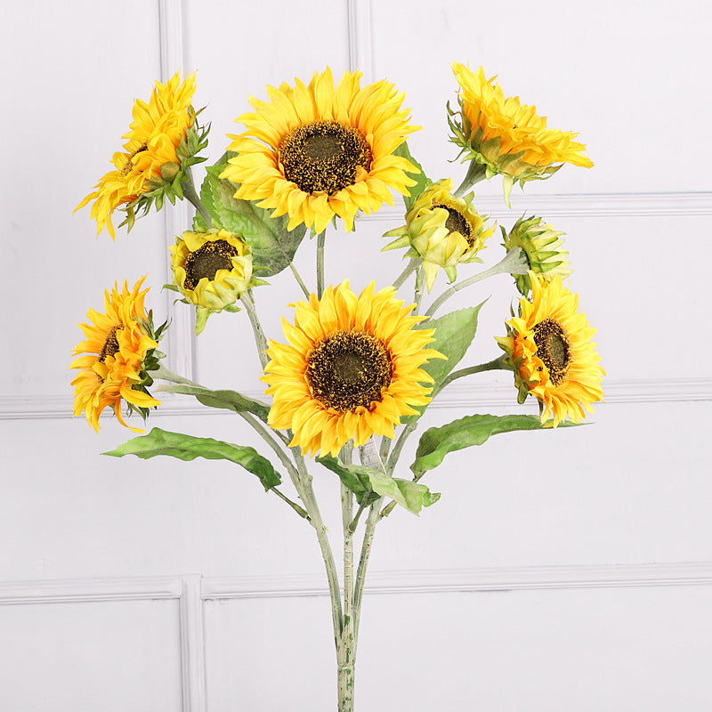 Stunning 9-Head Artificial Sunflower Bouquet - Perfect for Weddings, Home Décor, and Photography Enthusiasts - Lifelike Faux Floral Arrangement with Plush Stem