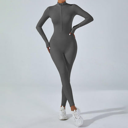 Seamless Sculpting Yoga Jumpsuit with Zipper Long Sleeve High Elastic Workout Bodysuit for Women for Outdoor Sports and Fitness