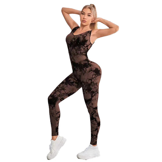 Seamless Tie Dye Yoga Jumpsuit Long Length Fitness Set with Hollow Back Design for Comfort and Style