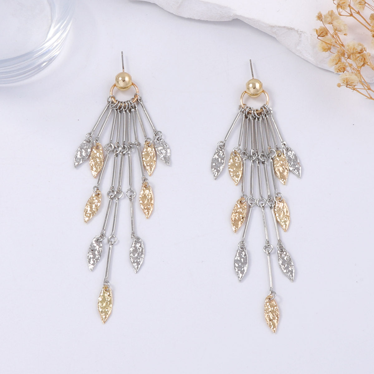 Chic Luxury Long Metal Tassel Earrings with Geometric Leaf Design - Versatile and Elegant Statement Pieces for Women