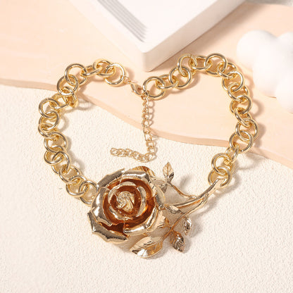 Creative 3D Exaggerated Alloy Rose Pendant Necklace - Unique, Minimalist, and Versatile Design for Every Occasion