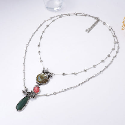 Bohemian-Inspired Alloy Geometric  Floral Inlay Resin Gemstone Multi-Layer Necklace – Perfect for Adding a Touch of Unique Style to Any Outfit