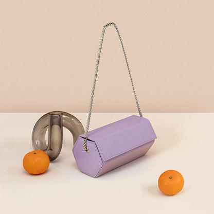 Versatile Purple Genuine Leather Crossbody Bag Unique Shape Box Purse with Chain Strap for Handheld and Shoulder Wear