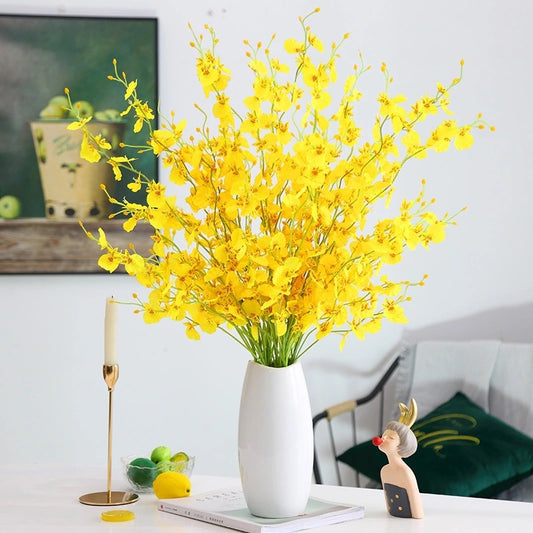 Vibrant Yellow Phalaenopsis Orchid – Realistic Dancing Silk Flower Bouquet | Stunning Faux Floral Decor with Five-Headed Butterflies for Home & Event Decoration