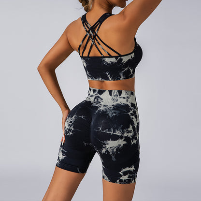 Seamless Tie Dye High Waisted Butt Lifting Workout Shorts with Built In Bra and Gorgeous Back Design Women's Yoga Set for Comfort and Style