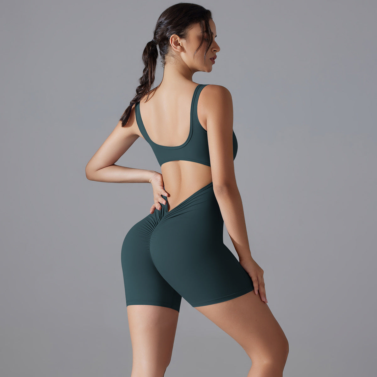 V Shaped Back Yoga Bodysuit Sports Fitness Leggings with Butt Lifting Support for Running and Exercise