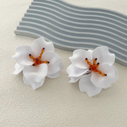 Exquisite Handcrafted White Multi-Layer Petal Statement Flower Earrings - Elegant and Versatile for Any Occasion