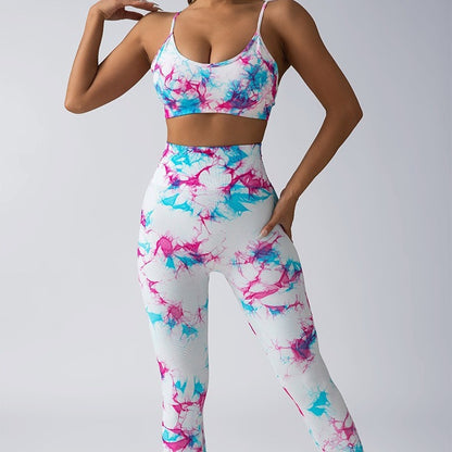 Seamless Tie Dye V Waist Yoga Set for Women High Waisted Peach Butt Lifting Leggings and Sports Bra for Comfort and Style in Fitness Training