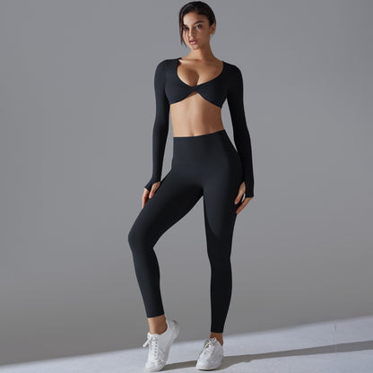 High Waisted Long Sleeve Yoga Set with Thumbholes Seamless No Pant Comfort for Fitness and Running Performance