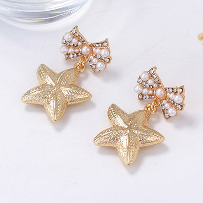 Chic Ocean-Inspired Alloy Earrings with Faux Pearl Bow and Star Design – Versatile Women's Accessories for Every Occasion
