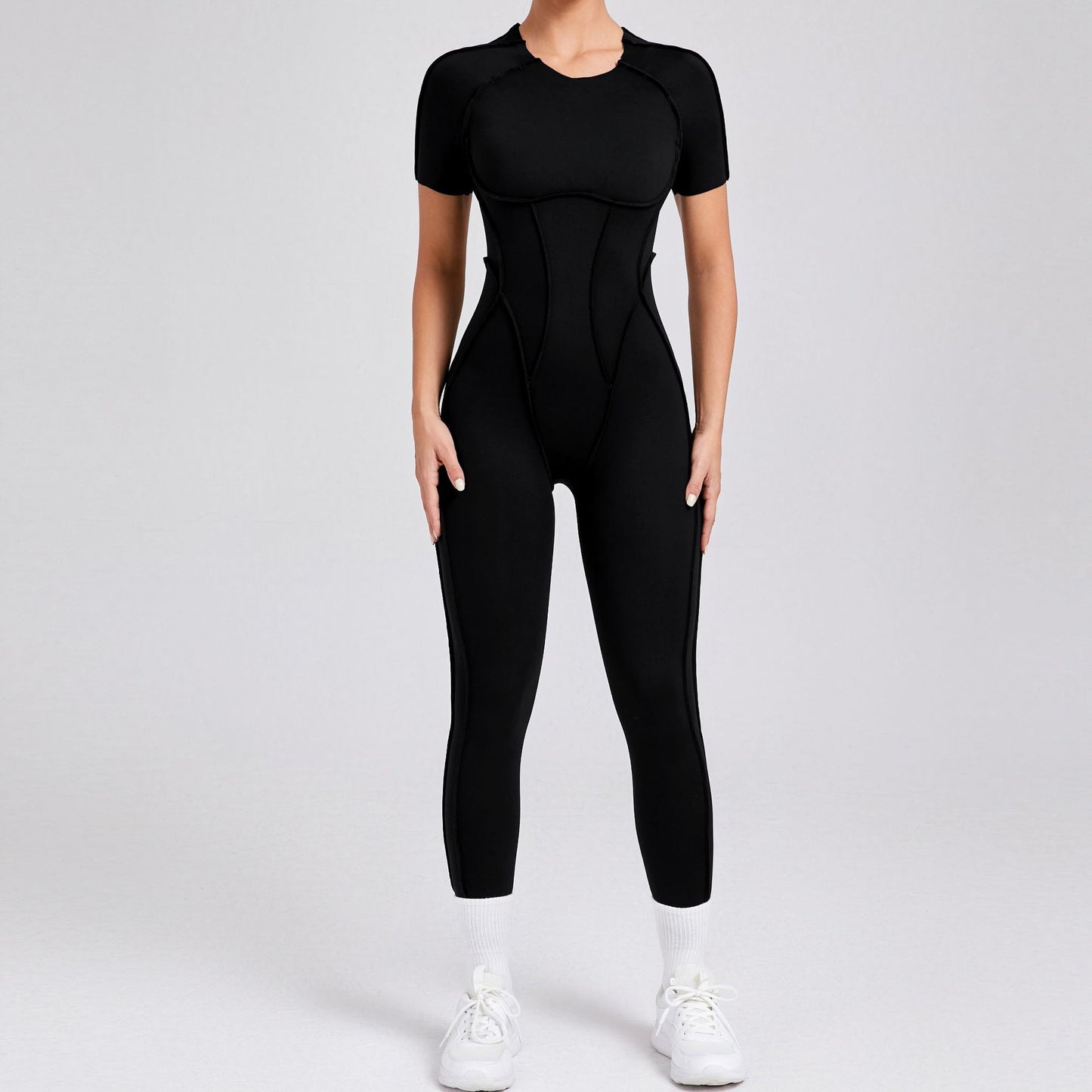 Autumn Winter 3D Backless Fitted Short Sleeve Jumpsuit with Long Pants All in One Yoga and Workout Ensemble for Maximum Comfort and Performance