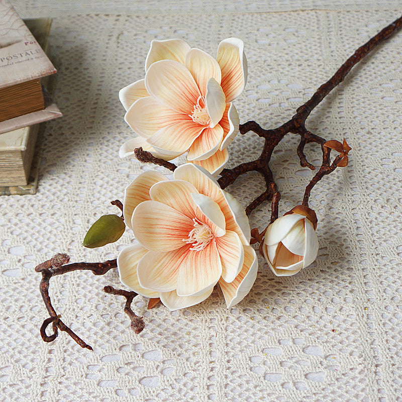 Elegant Hand-Painted Faux Magnolia Flowers - Classical 3-Head Design for Home, Hotel, and Wedding Decor, Perfect for Photography and Event Styling