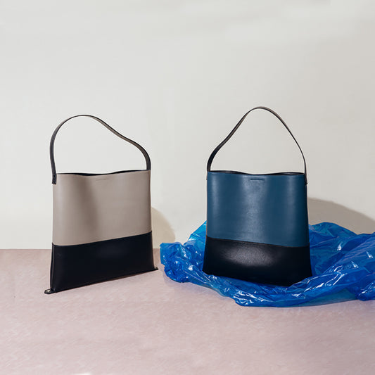 Spacious Large Capacity Shoulder Bag Korean Style Minimalist Genuine Leather Shopping Tote in Color Block Design