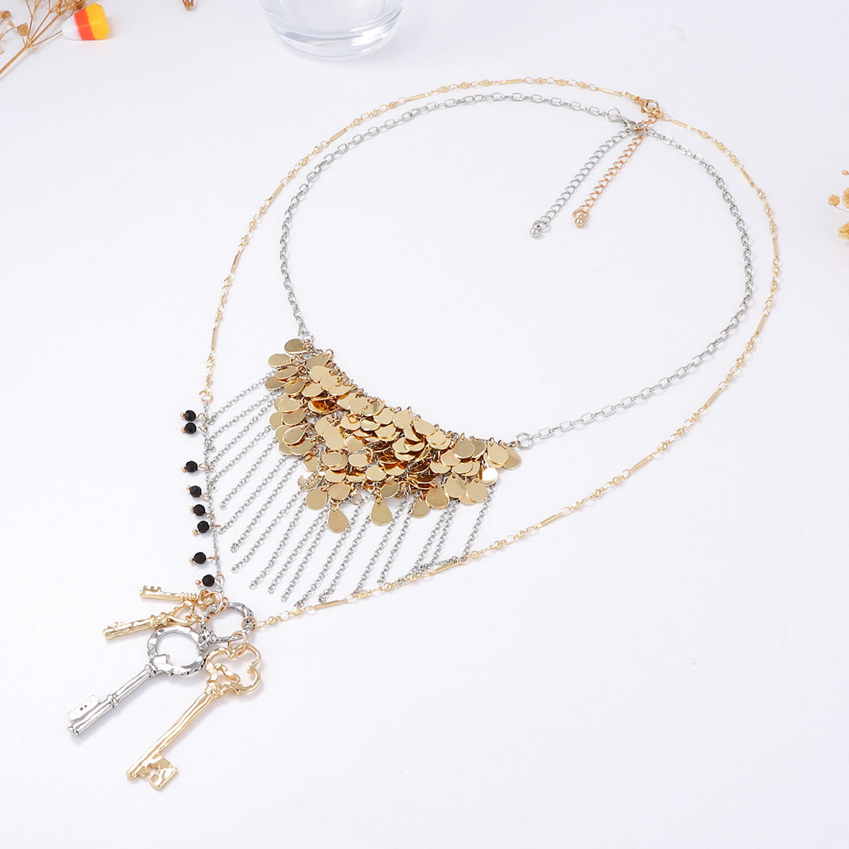 Chic Luxury Alloy Key Pendant Necklace with Metal Round Charm and Elegant Tassel – Perfect for Layering with Your Favorite Outfits