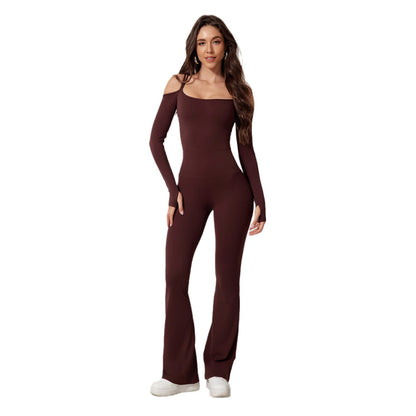 Chic Autumn Winter Jumpsuit with Backless Design Double Shoulder Straps Long Sleeves and Flared Pants for a Look