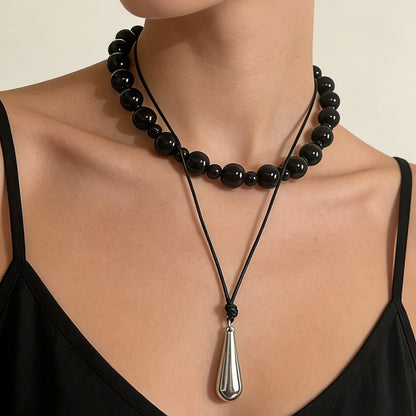 Trendy Geometric Beaded Layered Leather Necklace with CCB Water Drop Pendant - Stylish Casual Jewelry for Women