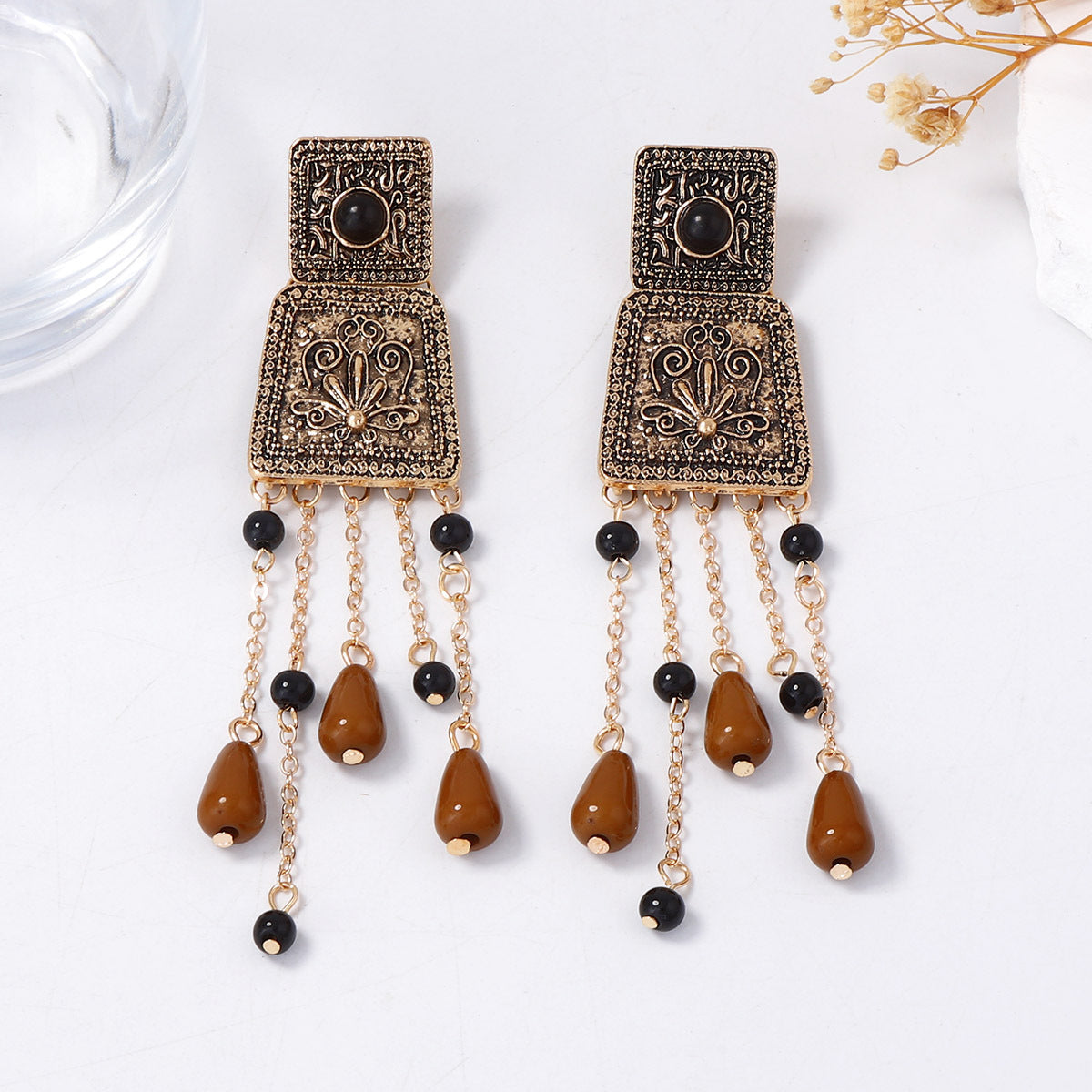 Elegant Retro Bohemian-Style Long Tassel Pendant Earrings with Geometric Floral Alloy Elements – Perfect for Any Occasion