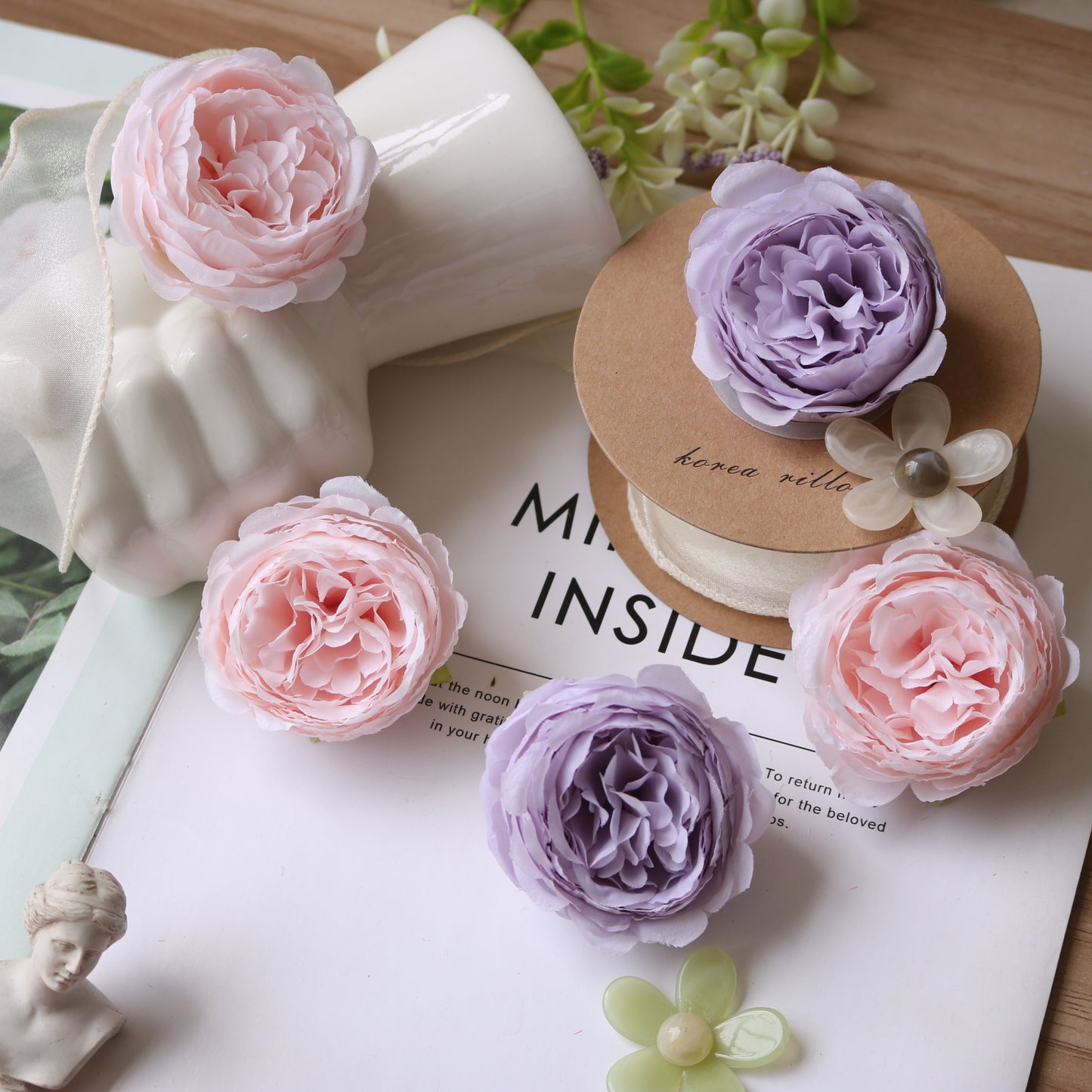 Beautifully Crafted Faux Rose Flower Headpieces - Deluxe Gift Box for Home Decor, Headwear and Crafting Projects