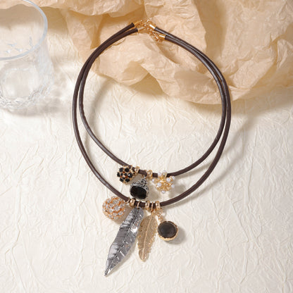 Chic Layered Double-Stranded Alloy Geometric Leaf Pendant Leather Necklace – Vintage Inspired for Fall and Winter Fashion