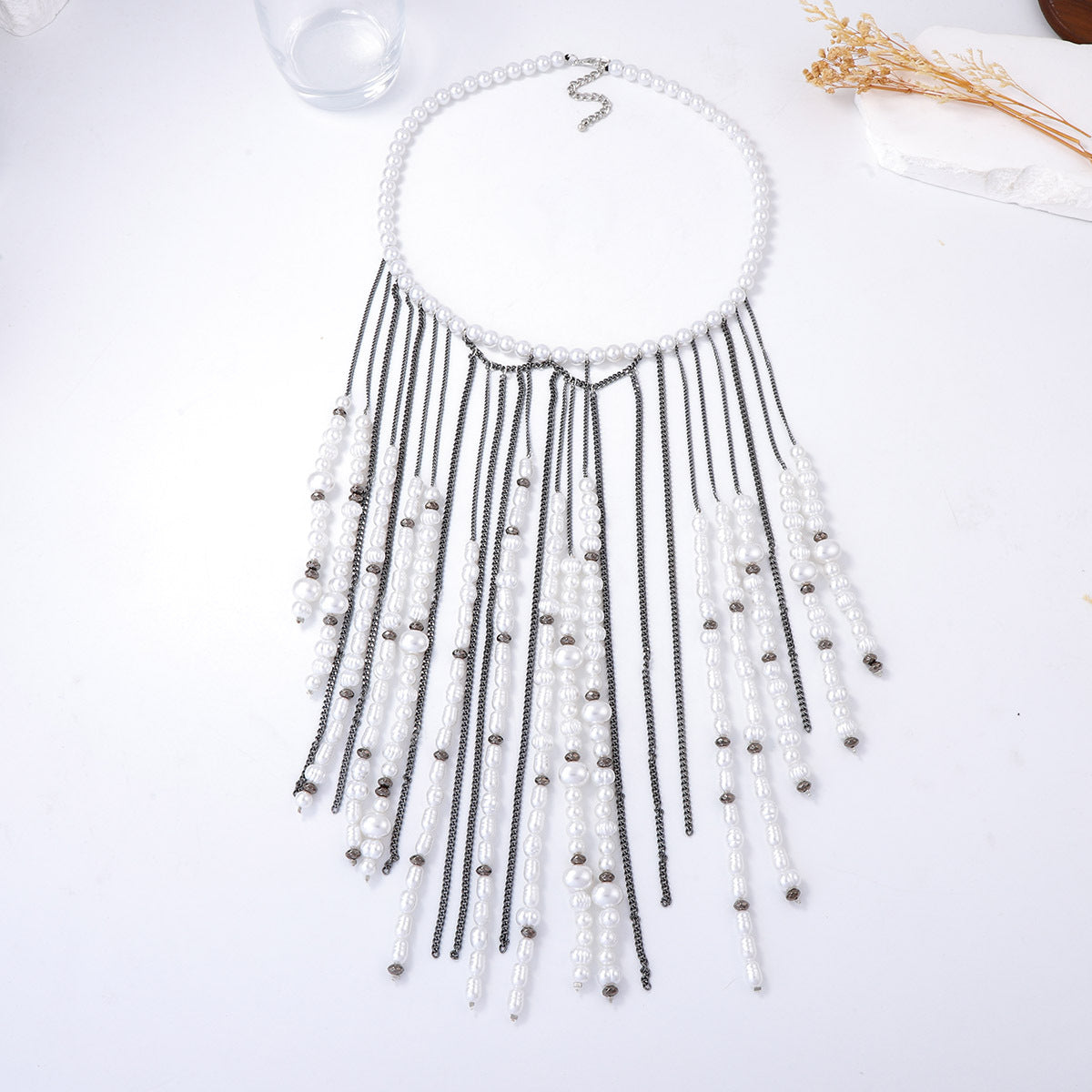 Elegant Bohemian Luxe Statement Necklace with Layered Pearl-Effect Cascade Pendants – Perfect for Glamorous Occasions