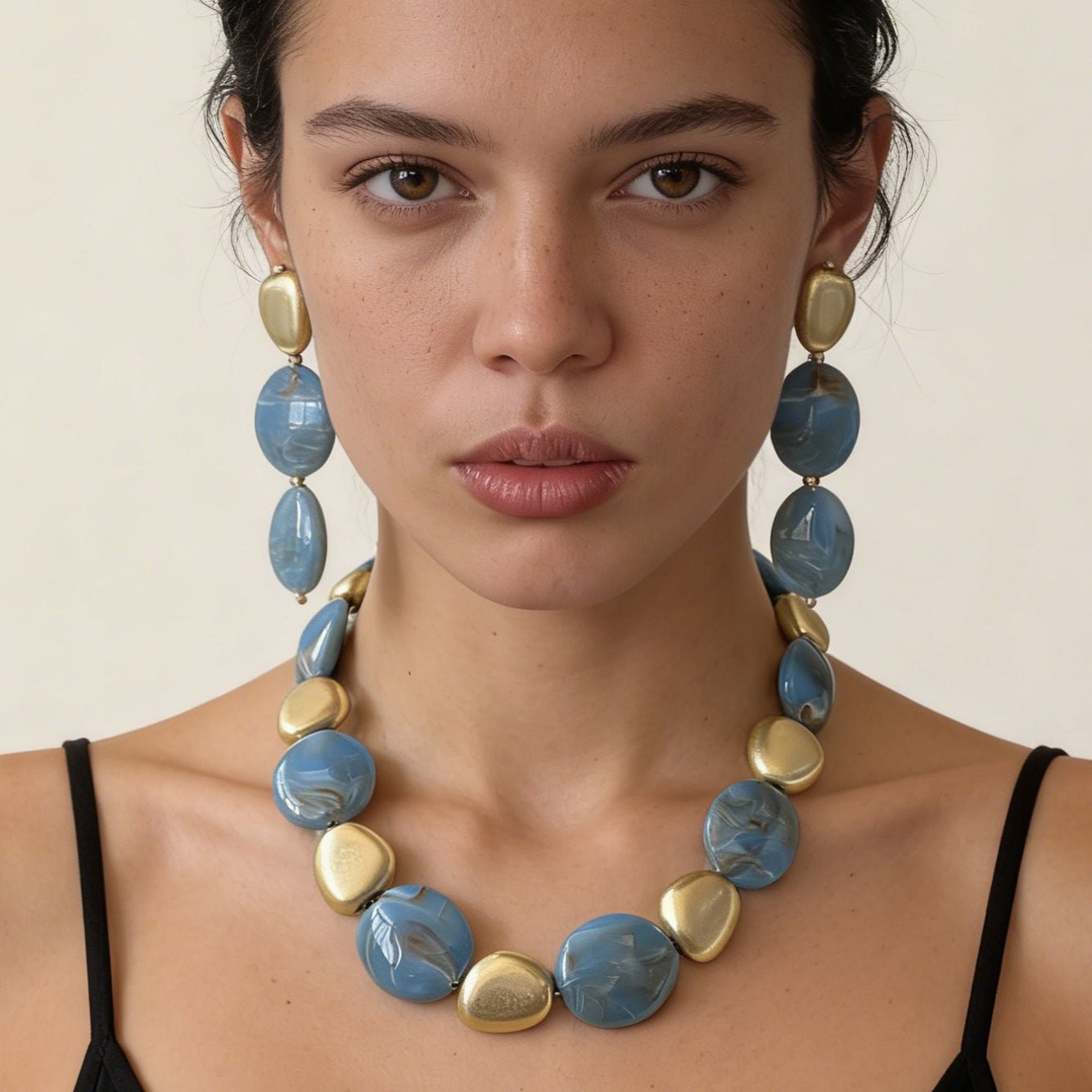 Vintage-Inspired Bohemian Style Statement Necklace and Earrings Set with Bold Geometric Blue Beaded Design - Unique and Eye-Catching Jewelry for Women