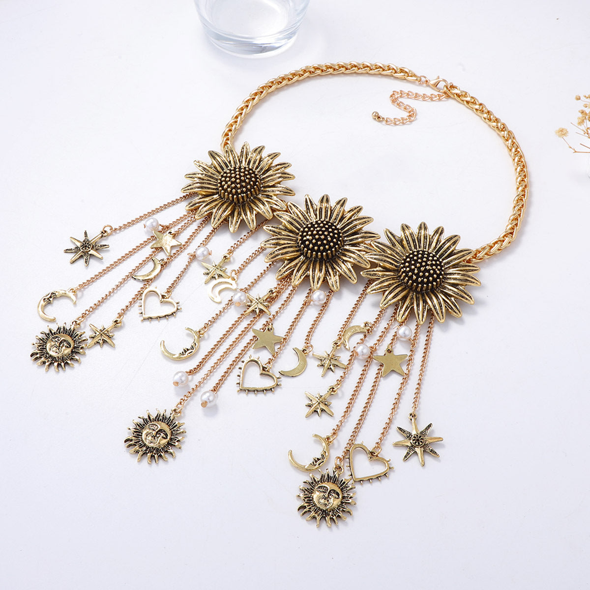 Bohemian-Inspired Vintage Necklace with Unique Flower and Tassel Design, Star and Moon Pendant Chain for a Chic Look