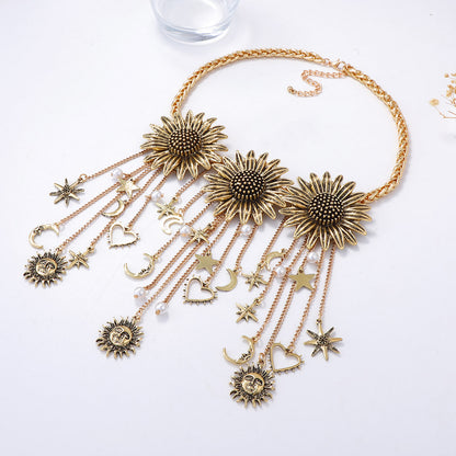 Bohemian-Inspired Vintage Necklace with Unique Flower and Tassel Design, Star and Moon Pendant Chain for a Chic Look