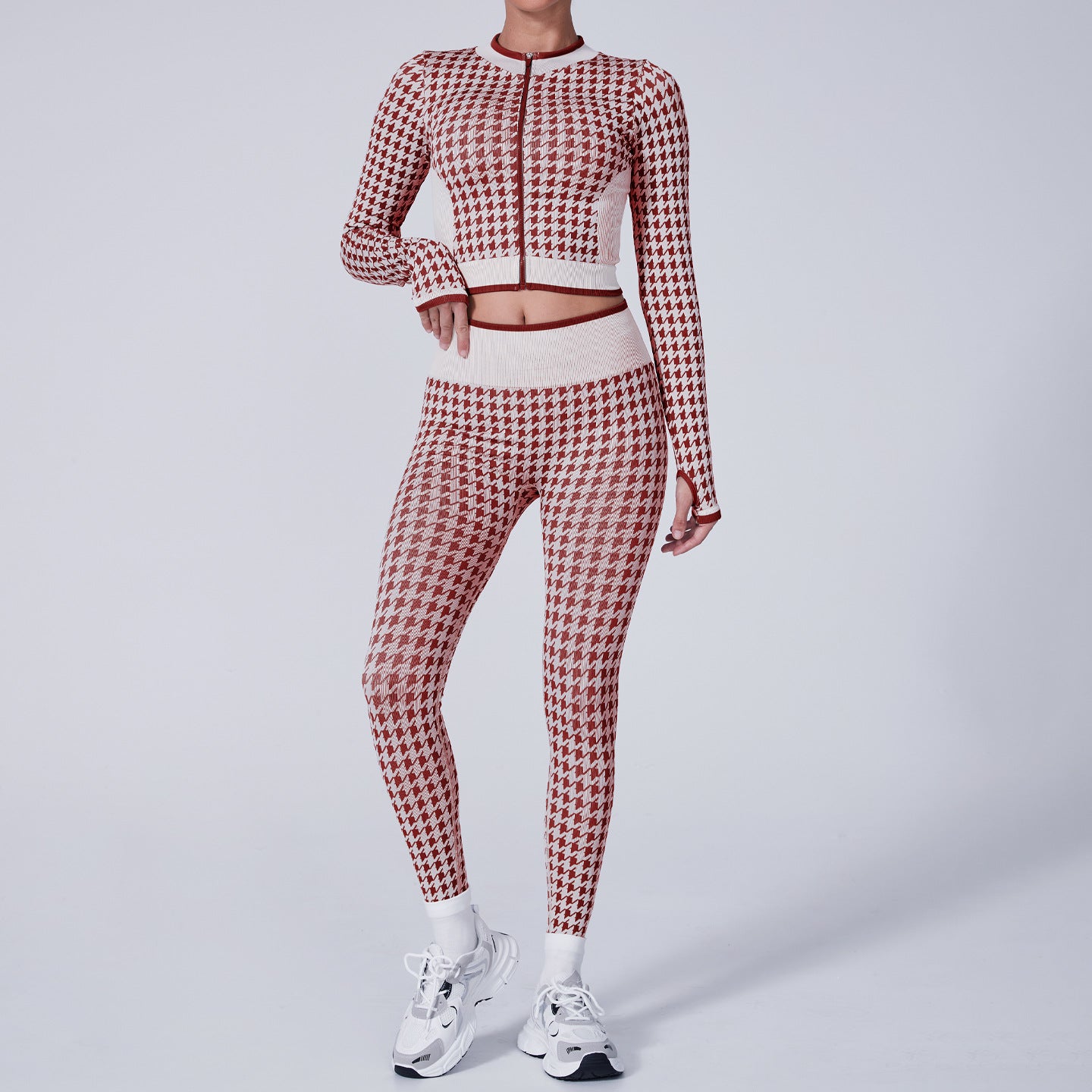 Chic Houndstooth Pattern Sports Jacket and Yoga Set Women's Fitness and Leisure Wear with High Waisted Yoga Pants for Comfort and Style