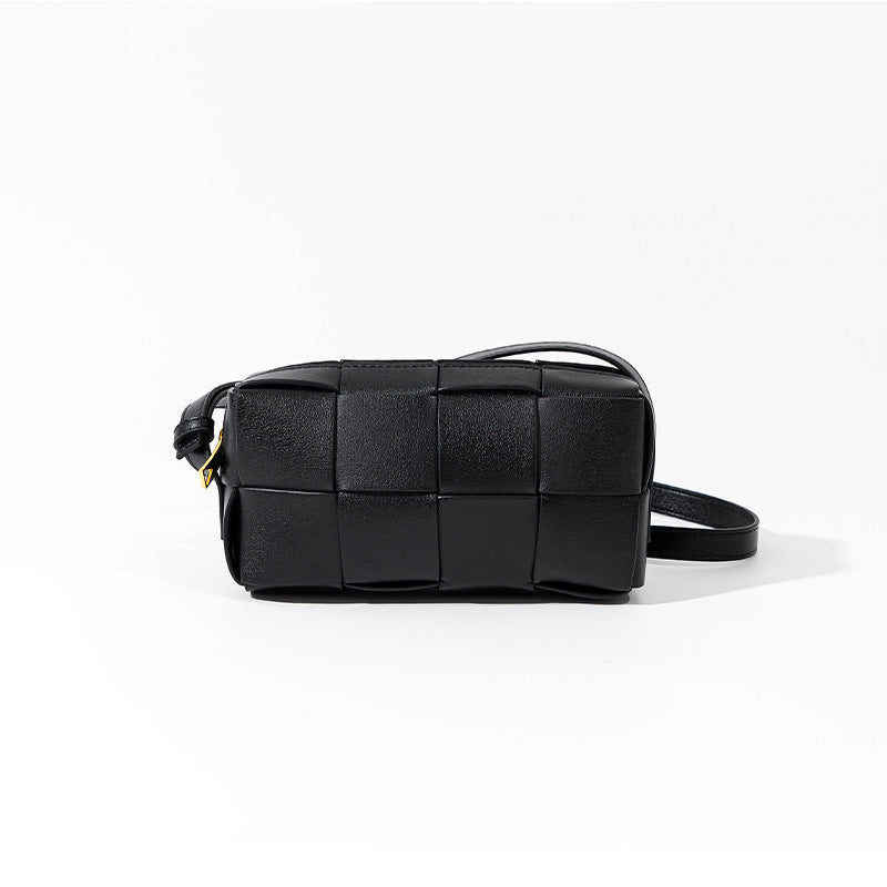 Korean Style Genuine Leather Checkered Woven Mini Shoulder Bag Chic and Versatile Crossbody Clutch for Everyday Elegance