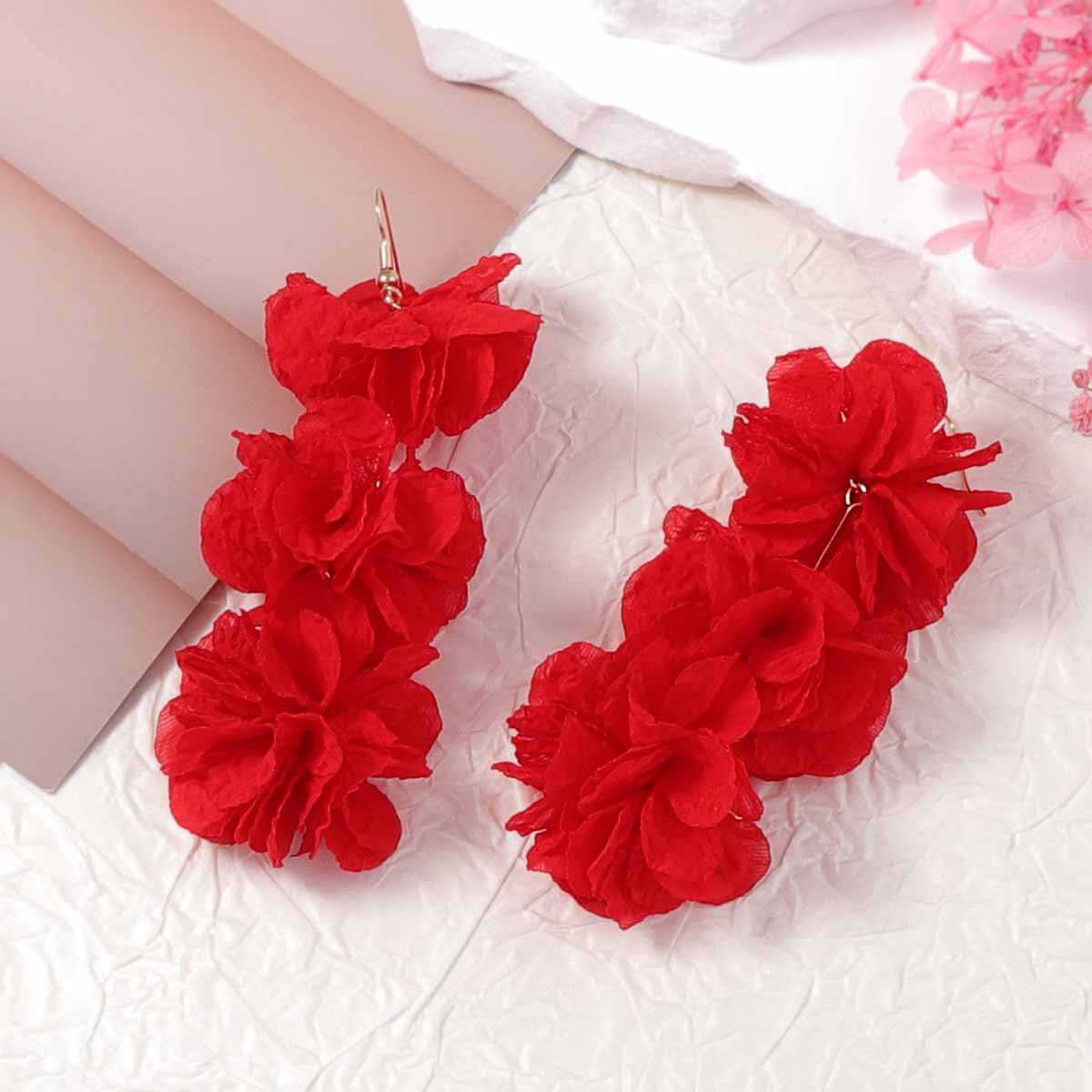 Exaggerated Floral Fabric Drop Earrings for Women - Versatile Spring/Summer Essential for Everyday Style and Commuting