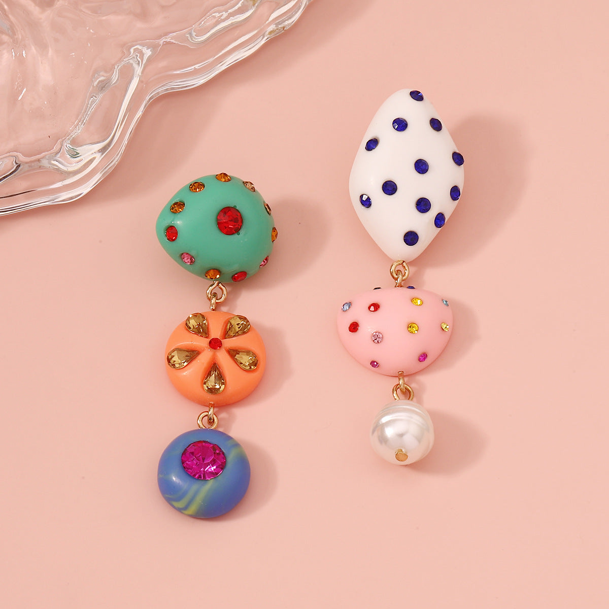 Colorful Resin Geometric Design Earrings with Sparkling Rhinestones - Trendy, Versatile & Perfect for Expressing Your Unique Style