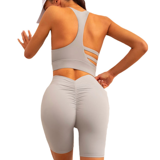 Three Piece Workout Set Wide Strap Hollow Back Sports Bra Pleated Gym Leggings and Yoga Top for Comfort and Flexibility