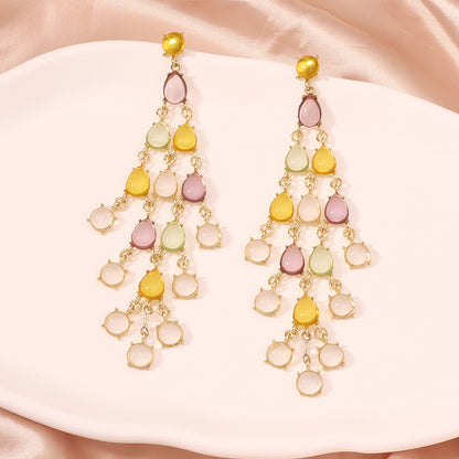 Exaggerated Long Water Drop Shape Glass Pendant Statement Earrings with Trendy Chain and Unique Tassels - Perfect for Fashion-Forward Individuals