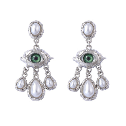 Stunning Vintage Devil's Eye Earrings with Rhinestone and Faux Pearl Accents - Exquisite Court-Style Tassel Design for Elegant Fashion