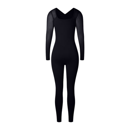 Autumn Winter Long Sleeve Bodysuit with Back Ruching and Sheer Mesh Detailing for Layering and Night Out