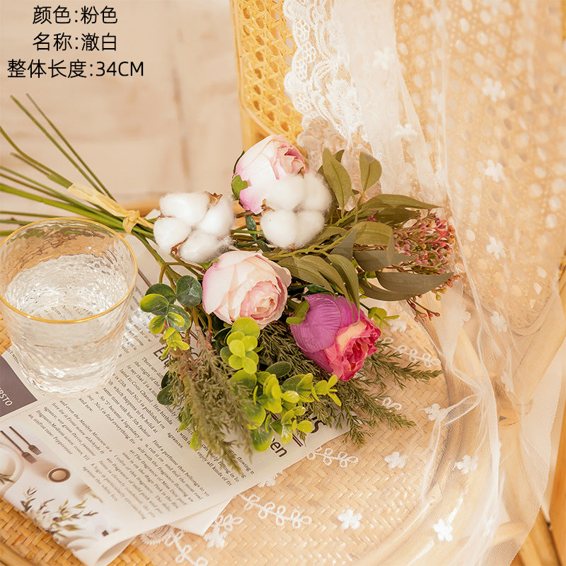 Stunning INS Style White Cotton Bouquet - Realistic Faux Flowers & Greenery for Wedding Decor - YC1043