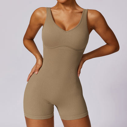 Seamless Women's Yoga Bodysuit High Elastic Ribbed Fitness One Piece Outfit for Comfort and Flexibility