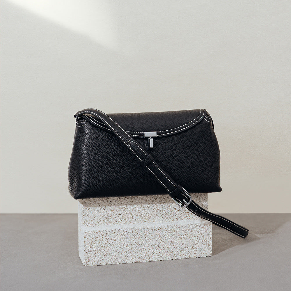 Minimalist Genuine Leather Flap Crossbody Bag with T Lock Closure Large Capacity Shoulder Bag for Commuting and Everyday Use