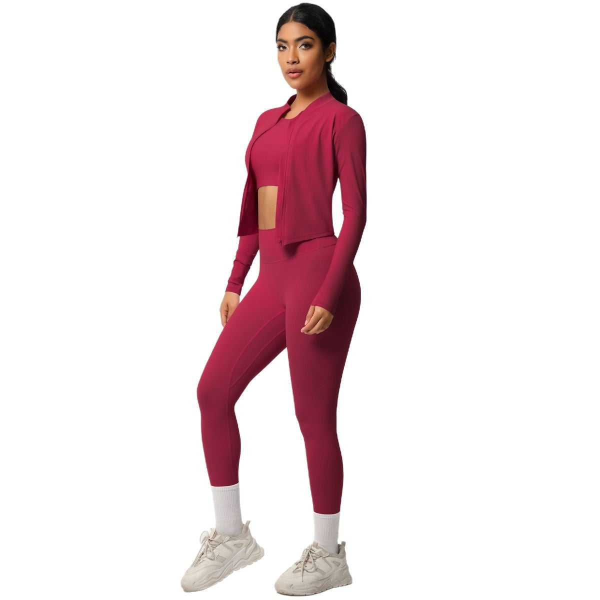 Women's 3 Piece Solid Color Brushed Yoga Set Breathable Moisture Wicking Jacket Leggings for Running and Workout for Active Lifestyles