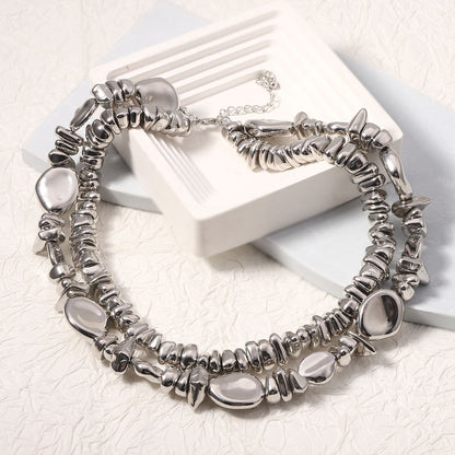 Chic Minimalist Statement Double-Layered Geometric Silver-Plated Necklace – Unique and Elegant Design for Exquisite Layering