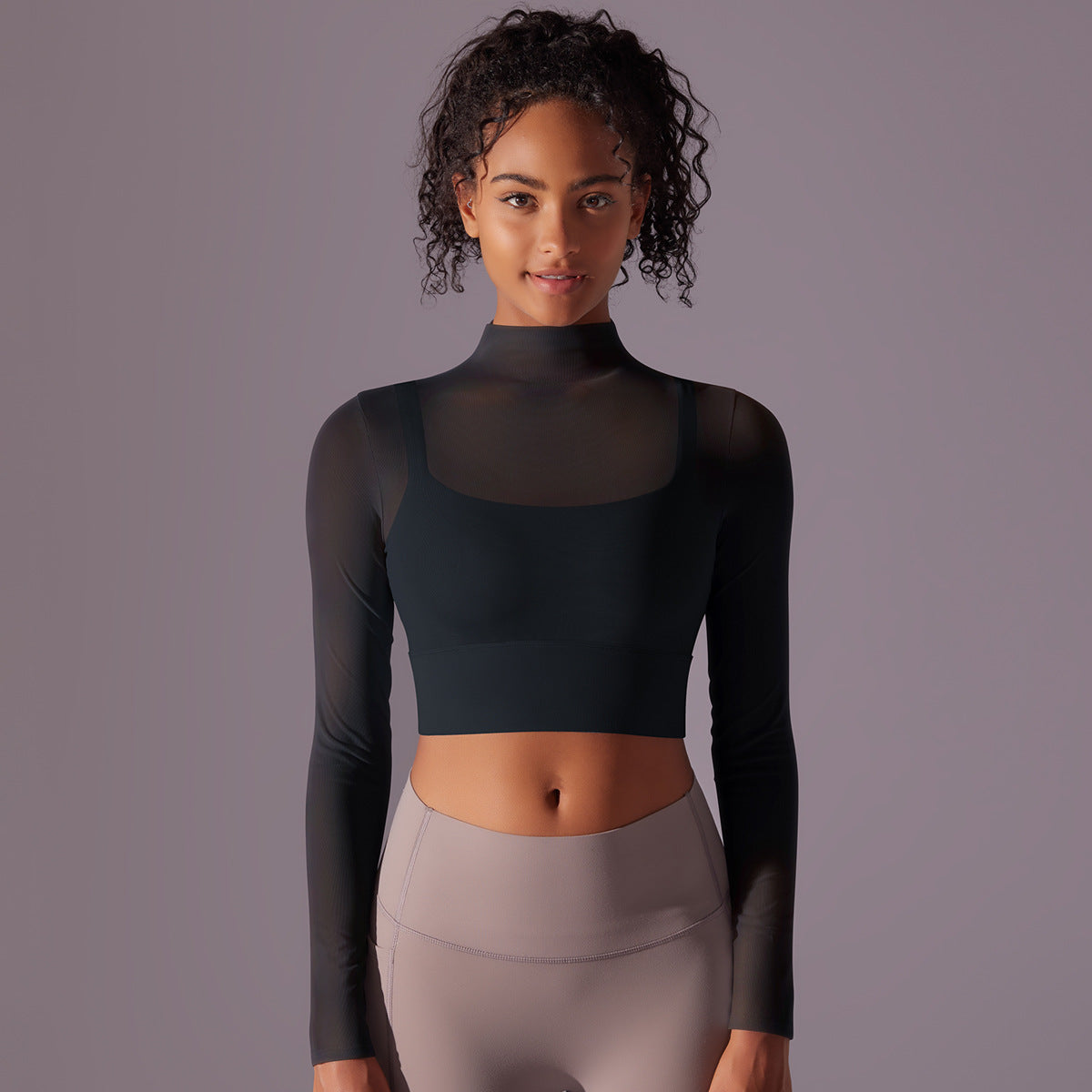 Mesh Long Sleeve High Neck Yoga Top with Built In Bra Two Piece Look for Running Fitness