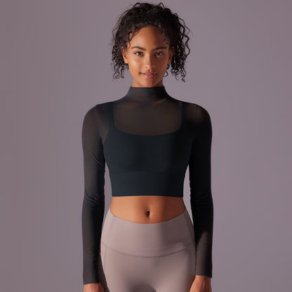 Mesh Long Sleeve High Neck Yoga Top with Built In Bra Two Piece Look for Running Fitness