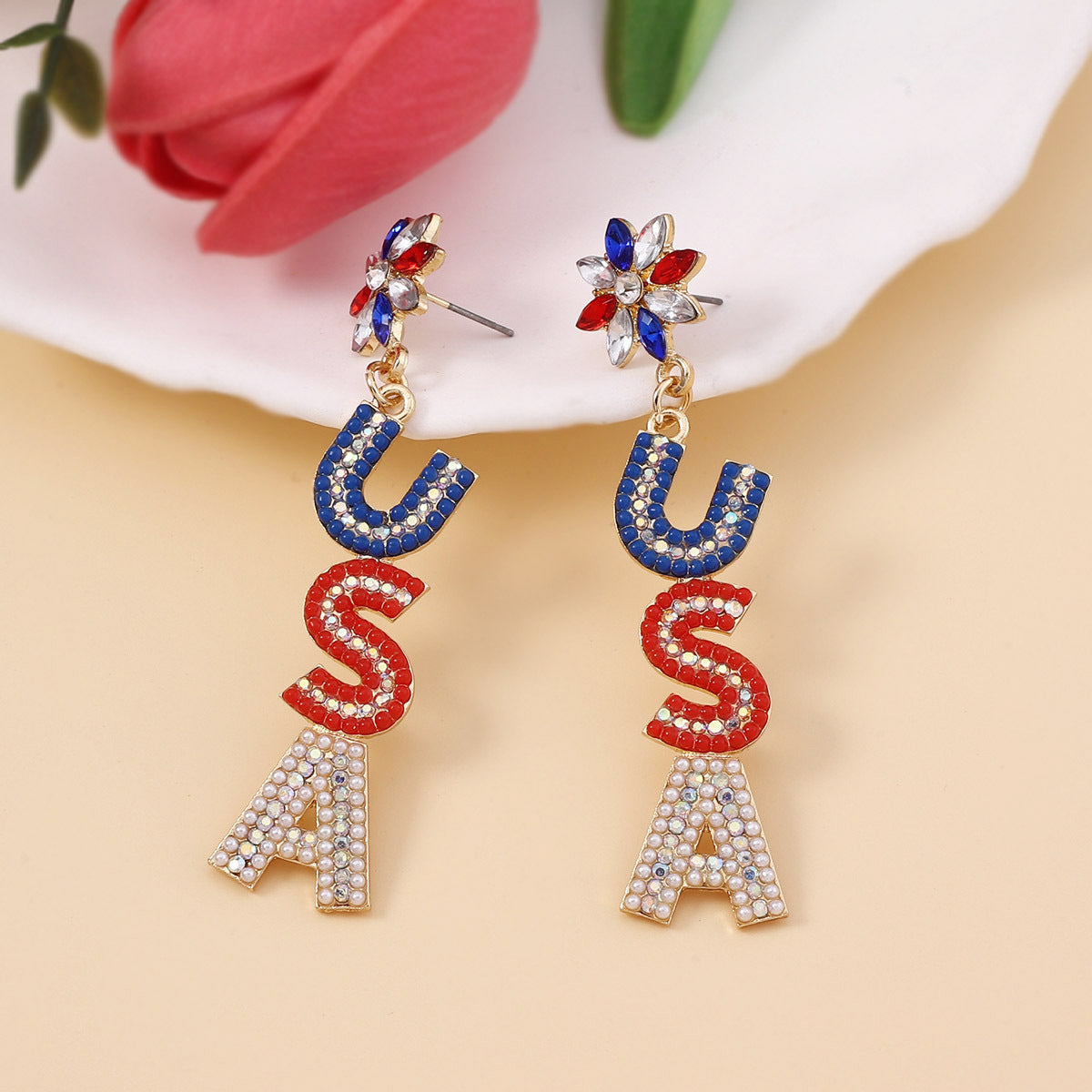 USA Flag Earrings with Stunning Pearl and Diamond Accents – Celebrate Independence Day in Style with Patriotic Jewelry for Parties and Events