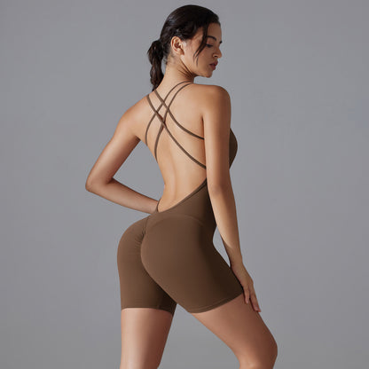 Women's Backless Strap Bodysuit Short Versatile Yoga Running Outfit for Fitness Enthusiasts