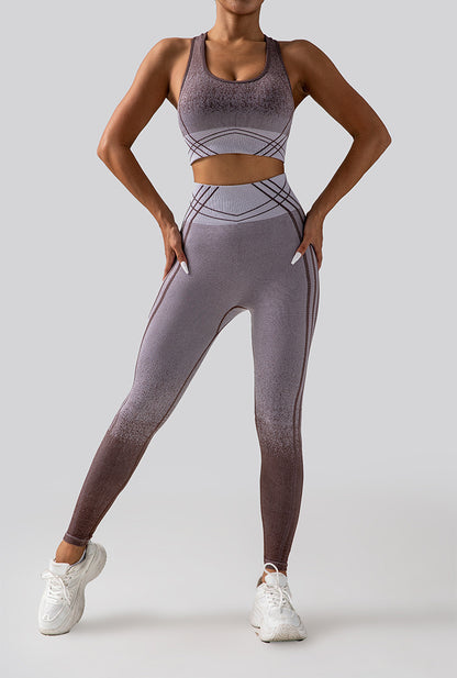 Gradient Yoga Outfit Set High Waisted Butt Lifting Leggings with Shockproof Sports Bra for Running and Fitness