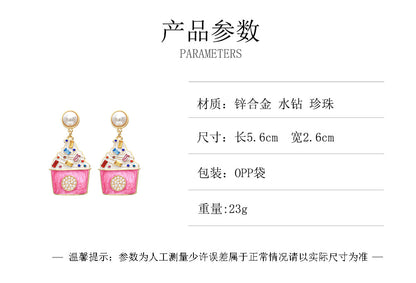 Trendy Ice Cream-Inspired Alloy Earrings with Sparkling Rhinestones and Elegant Pearls - Unique Personalized Design for a Chic Look