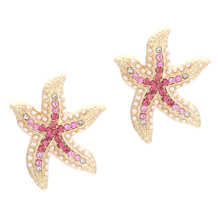 Creative and Adorable Starfish Design Earrings for Women - Eye-Catching Pearl and Sea Star Gemstone Studs with Unique Oversized Style