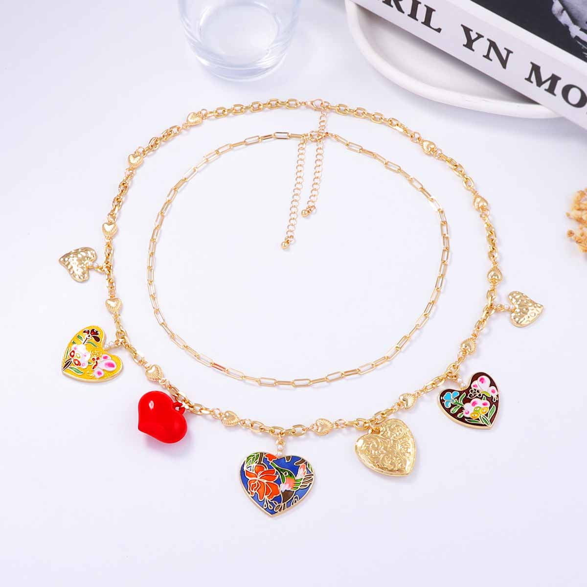 Bohemian Chic Double-Layer Alloy Heart Pendant Necklace - Unique Drip Oil Design for Stunning Layered Style