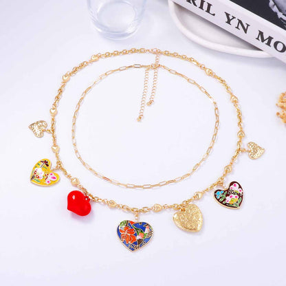 Bohemian Chic Double-Layer Alloy Heart Pendant Necklace - Unique Drip Oil Design for Stunning Layered Style